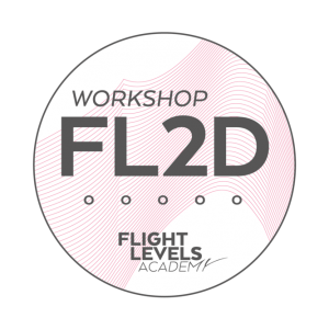 Selo de CErtificação da Fligth Levels Academy na cor Rosa claro com as palavras WORKSHOP FL2D escrito e as palavras Flight Levels Academy em baixo