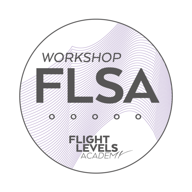 Selo de CErtificação da Fligth Levels Academy na cor Rosa claro com as palavras WORKSHOP FL2D escrito e as palavras Flight Levels Academy em baixo